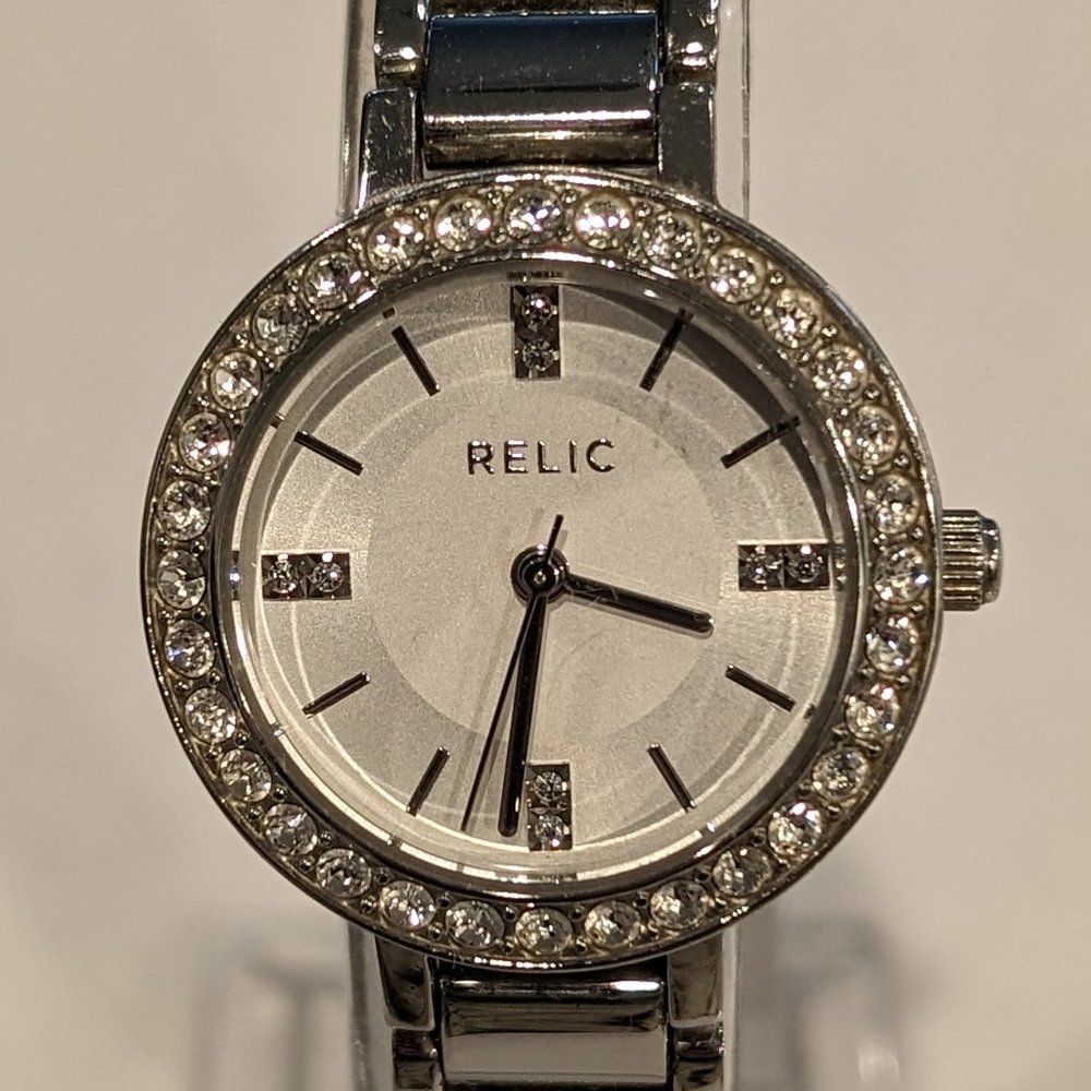 Relic Jeweled Bezel Silver Ladies Watch Jeweled Band